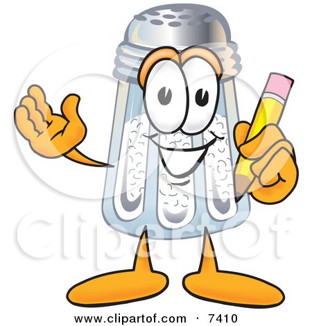 Clipart Picture of a Salt Shaker Mascot Cartoon Character Holding a Pencil by Mascot Junction