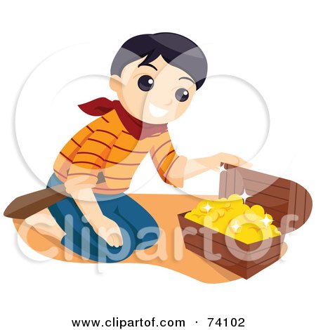 Royalty-Free (RF) Clipart Illustration of a Pirate Boy Kneeling In Front Of Treasure Chest With Gold by BNP Design Studio
