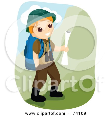 Royalty-Free (RF) Clipart Illustration of a Happy Outdoorsy Little Boy Hiking In The Mountains by BNP Design Studio