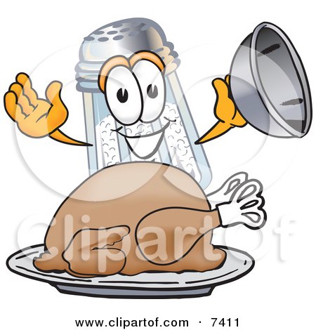 Clipart Picture of a Salt Shaker Mascot Cartoon Character Serving a Thanksgiving Turkey on a Platter by Mascot Junction