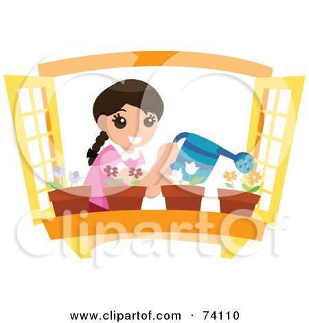 Royalty-Free (RF) Clipart Illustration of a Happy Girl Watering Potted Flowers In A Window Planter by BNP Design Studio