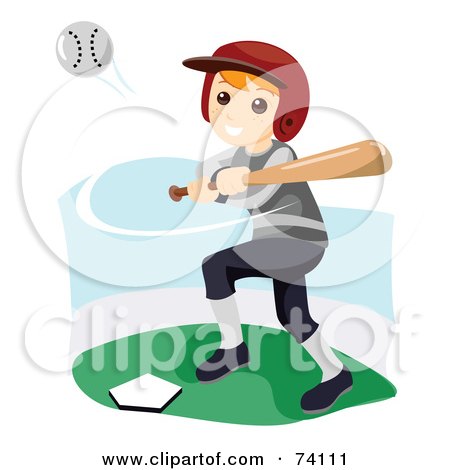 Royalty-Free (RF) Clipart Illustration of a Happy Little Boy Swinging At A Baseball by BNP Design Studio