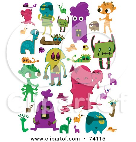 Royalty-Free (RF) Clipart Illustration of a Digital Collage Of Colorful Monster Doodles by BNP Design Studio