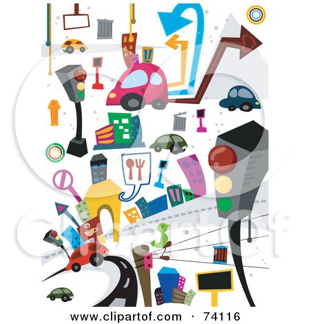 Royalty-Free (RF) Clipart Illustration of a Digital Collage Of Colorful Transportation And Urban Doodles by BNP Design Studio