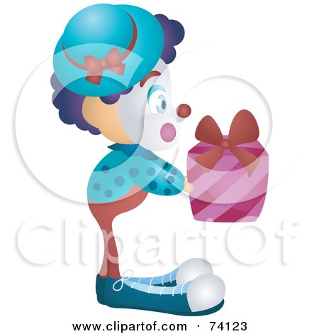 Royalty-Free (RF) Clipart Illustration of a Friendly Party Clown Holding A Present by BNP Design Studio