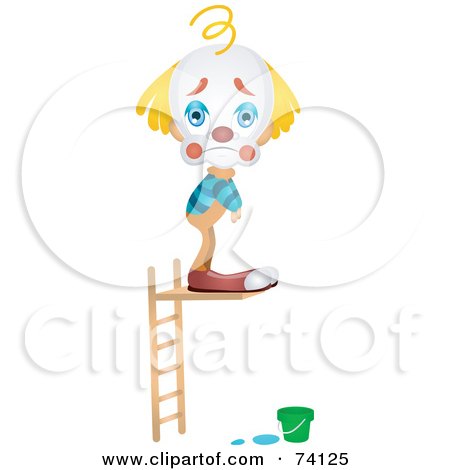 Royalty-Free (RF) Clipart Illustration of a Sad Party Clown Standing On A Diving Board With No Water Below by BNP Design Studio