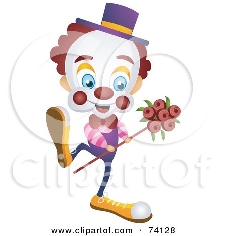 Royalty-Free (RF) Clipart Illustration of a Friendly Party Clown Dancing With Flowers by BNP Design Studio