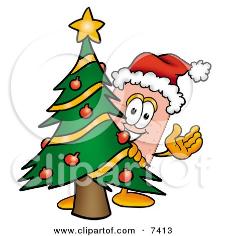 Clipart Picture of a Bandaid Bandage Mascot Cartoon Character Waving and Standing by a Decorated Christmas Tree by Mascot Junction
