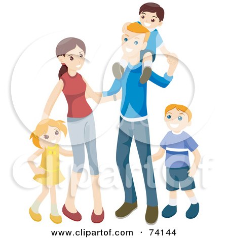 Royalty-Free (RF) Clipart Illustration of a Happy Family Of Two Young Parents And Three Kids by BNP Design Studio