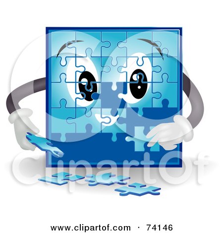 Royalty-Free (RF) Clipart Illustration of a Blue Puzzle Character Assembling Pieces by BNP Design Studio