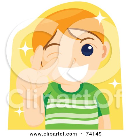 Royalty-Free (RF) Clipart Illustration of a Friendly Boy Winking And Gesturing The Peace Sign, Over Yellow by BNP Design Studio