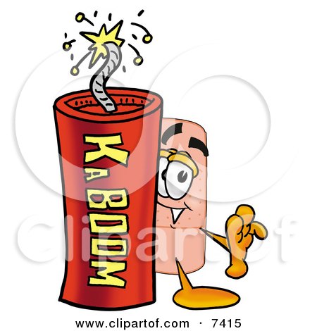 Clipart Picture of a Bandaid Bandage Mascot Cartoon Character Standing With a Lit Stick of Dynamite by Mascot Junction