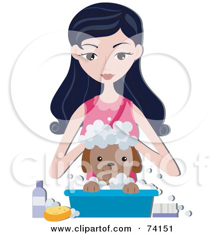 Royalty-Free (RF) Clipart Illustration of a Pretty Woman Bathing Her Puppy In A Small Bin by BNP Design Studio