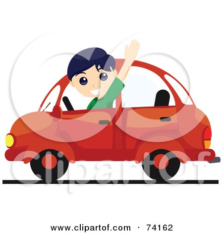 Royalty-Free (RF) Clipart Illustration of a Friendly Boy Waving And Driving A Red Car by BNP Design Studio