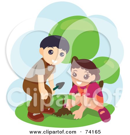 Royalty-Free (RF) Clipart Illustration of a Little Boy And Girl Planting A Seedling by BNP Design Studio