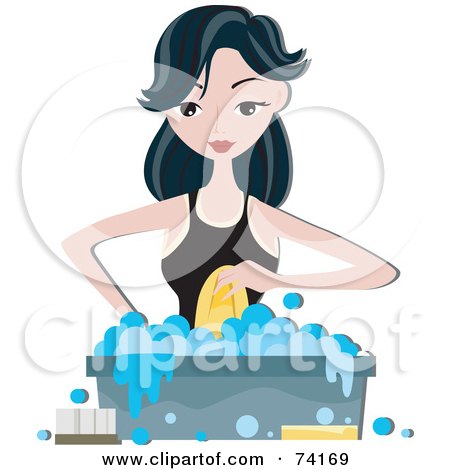 Royalty-Free (RF) Clipart Illustration of a Pretty Home Maker Hand Washing Clothes In A Bin by BNP Design Studio