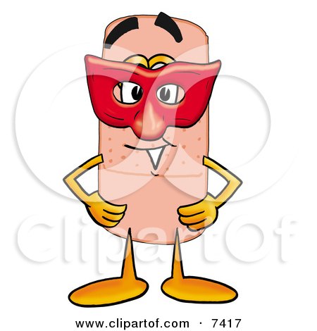 Clipart Picture of a Bandaid Bandage Mascot Cartoon Character Wearing a Red Mask Over His Face by Mascot Junction