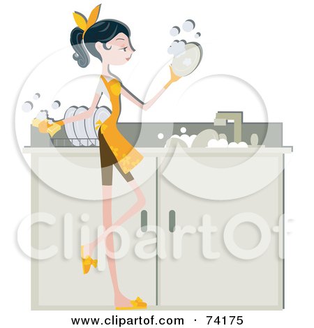 Royalty-Free (RF) Clipart Illustration of a Pretty Home Maker Washing Dishes In A Sink by BNP Design Studio