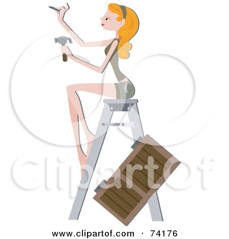 Royalty-Free (RF) Clipart Illustration of a Pretty Woman Installing A New Shutter by BNP Design Studio