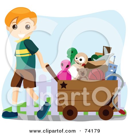 Royalty-Free (RF) Clipart Illustration of a Little Boy Pulling A Cart Full Of Toys by BNP Design Studio