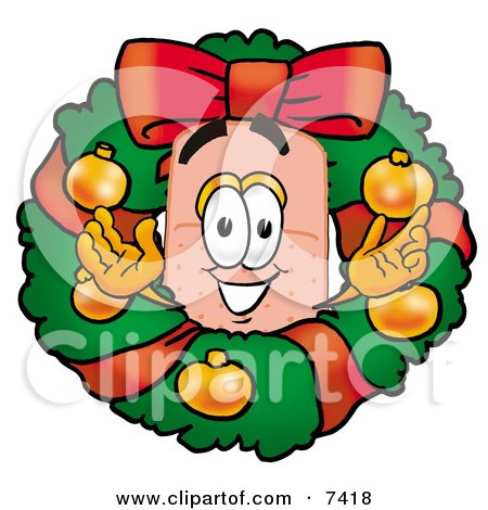Clipart Picture of a Bandaid Bandage Mascot Cartoon Character in the Center of a Christmas Wreath by Mascot Junction