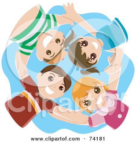 Royalty-Free (RF) Clipart Illustration of a Group Of Four Happy Children Huddling In A Circle And Looking Down by BNP Design Studio