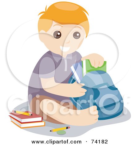 Royalty-Free (RF) Clipart Illustration of a Little School Boy Sitting With His School Books And Backpack by BNP Design Studio