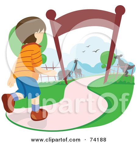Royalty-Free (RF) Clipart Illustration of an Excited Boy Running Towards Animals In A Zoo by BNP Design Studio