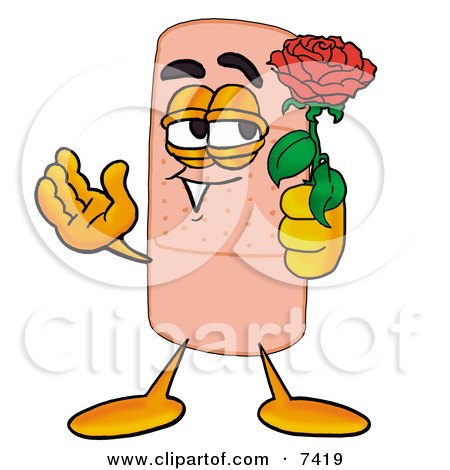 Clipart Picture of a Bandaid Bandage Mascot Cartoon Character Holding a Red Rose on Valentines Day by Mascot Junction