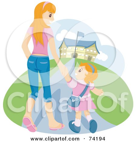 Royalty-Free (RF) Clipart Illustration of a Young Mom Walking Her Daughter To School by BNP Design Studio