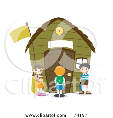 Royalty-Free (RF) Clipart Illustration of School Children Standing Outside Of A Green School House  by BNP Design Studio