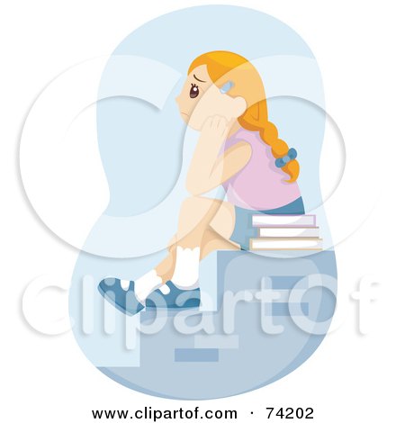Royalty-Free (RF) Clipart Illustration of a School Girl Sitting By Books On Stairs by BNP Design Studio