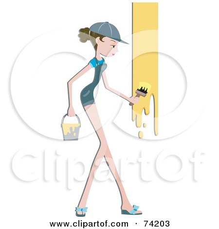Royalty-Free (RF) Clipart Illustration of a Pretty Home Maker Painting A Wall Yellow  by BNP Design Studio