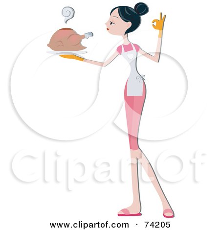 Royalty-Free (RF) Clipart Illustration of a Pretty Home Maker Serving A Hot Turkey by BNP Design Studio