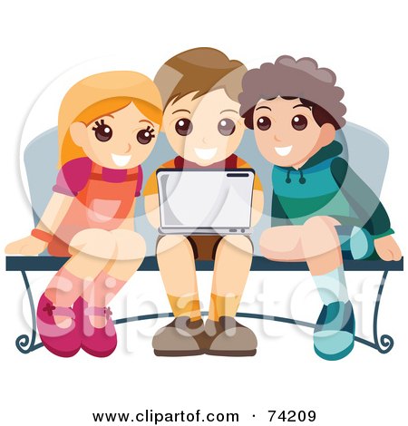 Royalty-Free (RF) Clipart Illustration of a Little Girl And Two Boys Using A Laptop On A Bench by BNP Design Studio