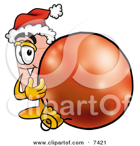 Clipart Picture of a Bandaid Bandage Mascot Cartoon Character Wearing a Santa Hat, Standing With a Christmas Bauble by Mascot Junction
