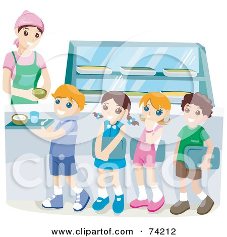 Royalty-Free (RF) Clipart Illustration of School Children Waiting In Line For Hot Lunches In A Cafeteria by BNP Design Studio