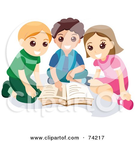 Royalty-Free (RF) Clipart Illustration of a Little Girl And Two Boys Reading A Book Together by BNP Design Studio