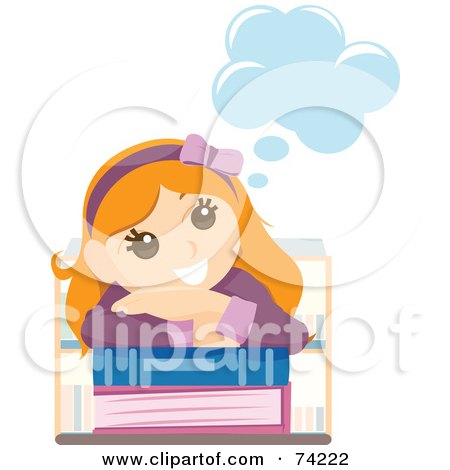 Royalty-Free (RF) Clipart Illustration of a Happy Girl Day Dreaming And Resting Her Head On School Books by BNP Design Studio