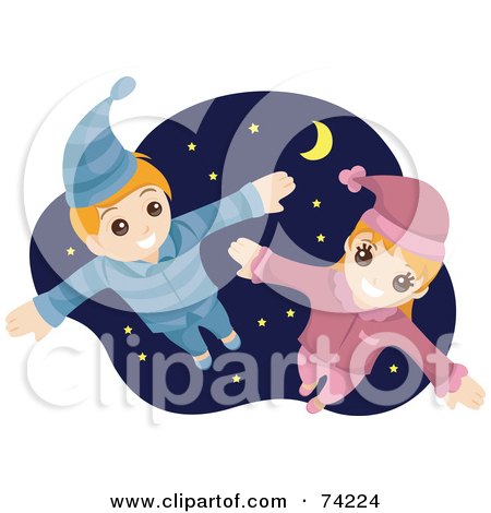 Royalty-Free (RF) Clipart Illustration of a Happy Boy And Girl Flying In Their Pajamas Against A Starry Sky by BNP Design Studio