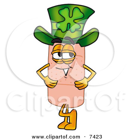 Clipart Picture of a Bandaid Bandage Mascot Cartoon Character Wearing a Saint Patricks Day Hat With a Clover on it by Mascot Junction