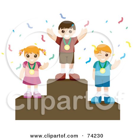 Royalty-Free (RF) Clipart Illustration of a Girl And Two Boys Wearing Medals And Standing On Pedestals by BNP Design Studio