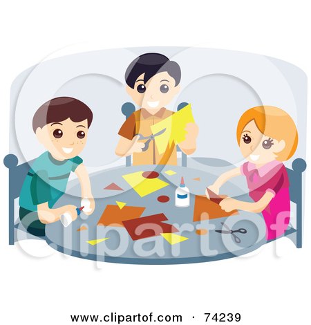 Royalty-Free (RF) Clipart Illustration of a Little Girl And Two Boys Doing Crafts At A Table by BNP Design Studio