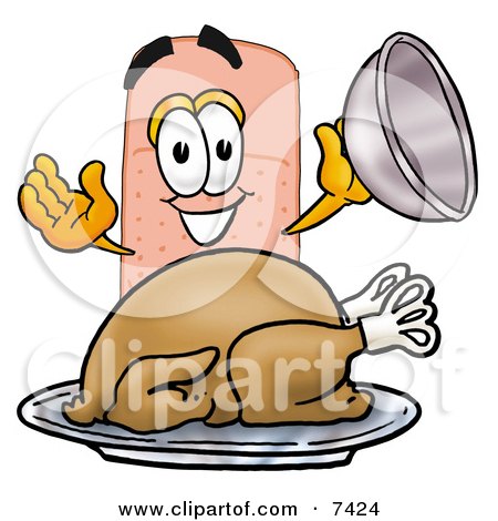 Clipart Picture of a Bandaid Bandage Mascot Cartoon Character Serving a Thanksgiving Turkey on a Platter by Mascot Junction