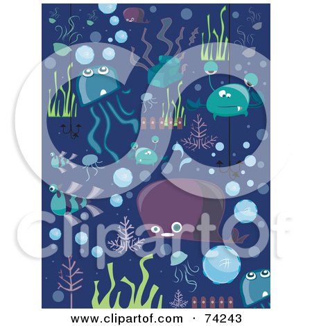 Royalty-Free (RF) Clipart Illustration of a Digital Collage Of Sea Creature Doodles On Blue by BNP Design Studio