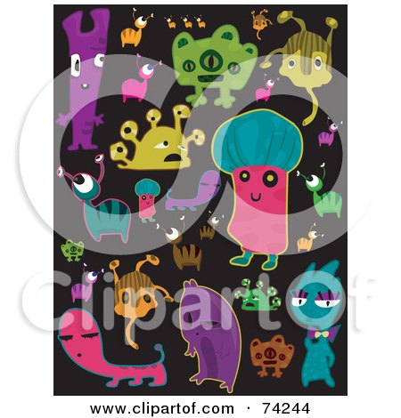 Royalty-Free (RF) Clipart Illustration of a Digital Collage Of Colorful Monster Doodles On Black by BNP Design Studio
