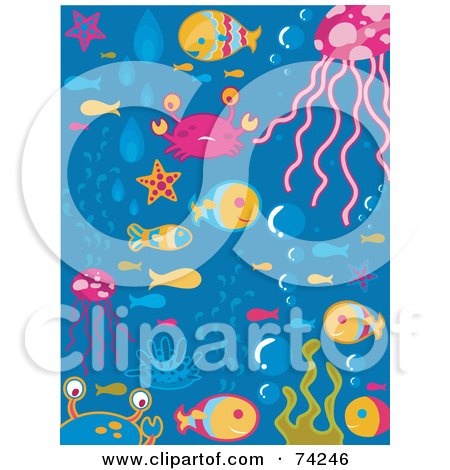 Royalty-Free (RF) Clipart Illustration of a Digital Collage Of Sea Fish And Bubbles On Blue by BNP Design Studio