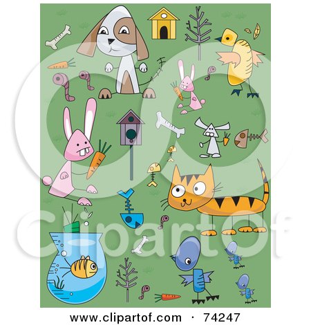 Royalty-Free (RF) Clipart Illustration of a Digital Collage Of Pet Doodles On Green by BNP Design Studio