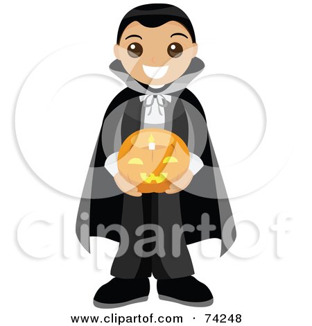 Royalty-Free (RF) Clipart Illustration of a Little Boy In A Vampire Costume, Holding A Lighted Halloween Pumpkin by BNP Design Studio