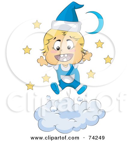 Royalty-Free (RF) Clipart Illustration of a Happy Blond Baby In Blue Pajamas On A Cloud by BNP Design Studio